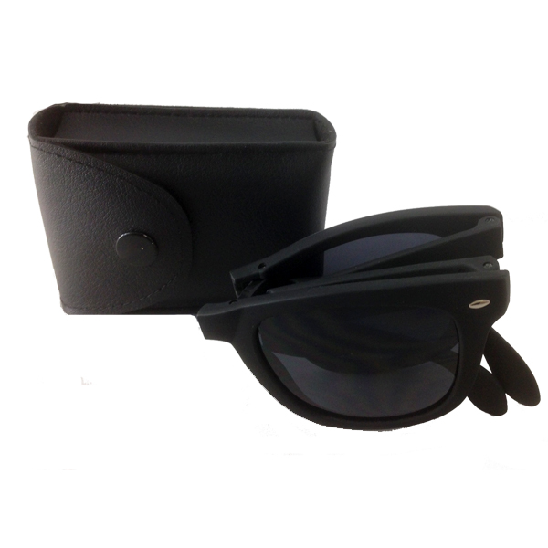 Opvouwbare zonnebril in mat zwarte wayfarer model.