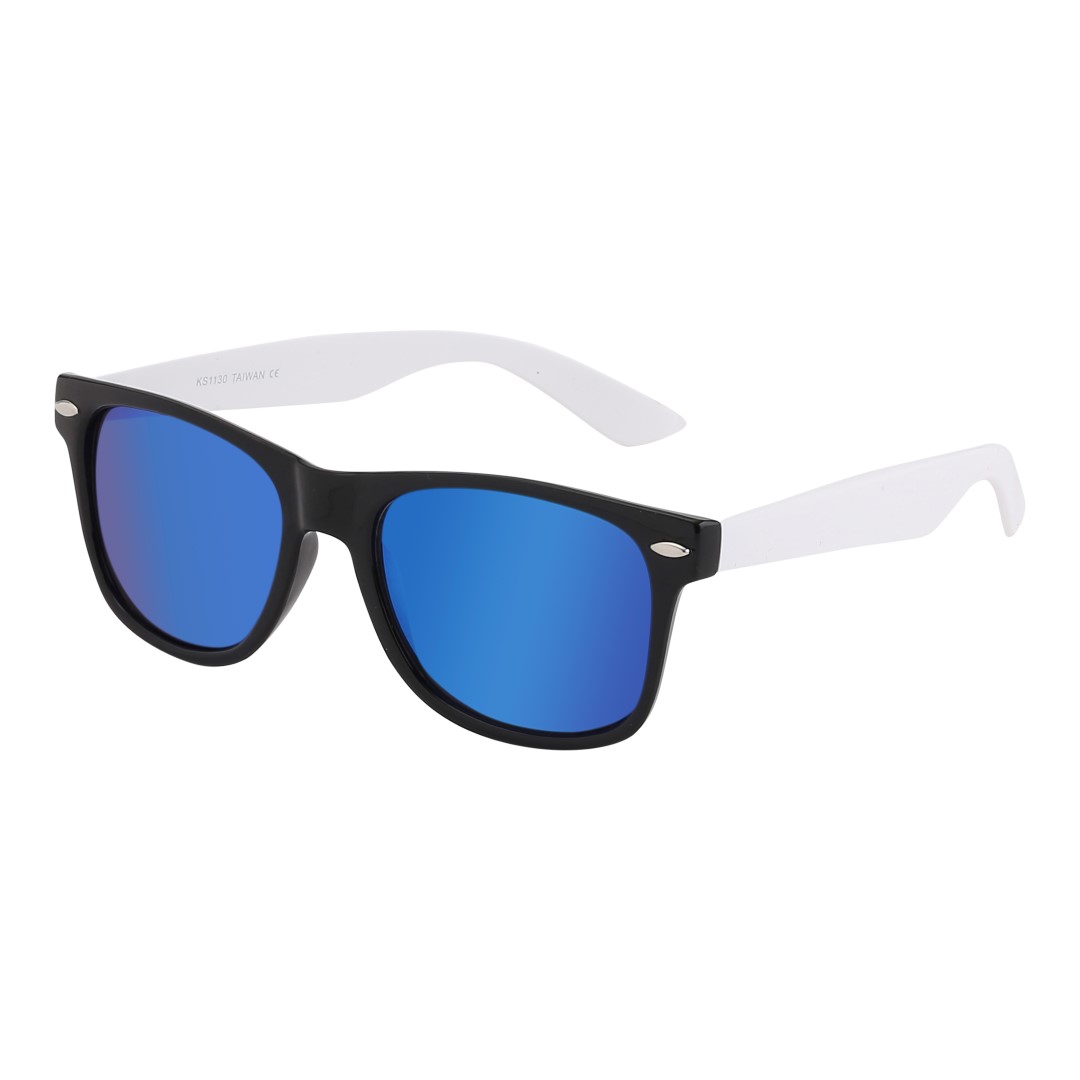 Zwarte wayfarer zonnebril met wit montuur en multicolor glas