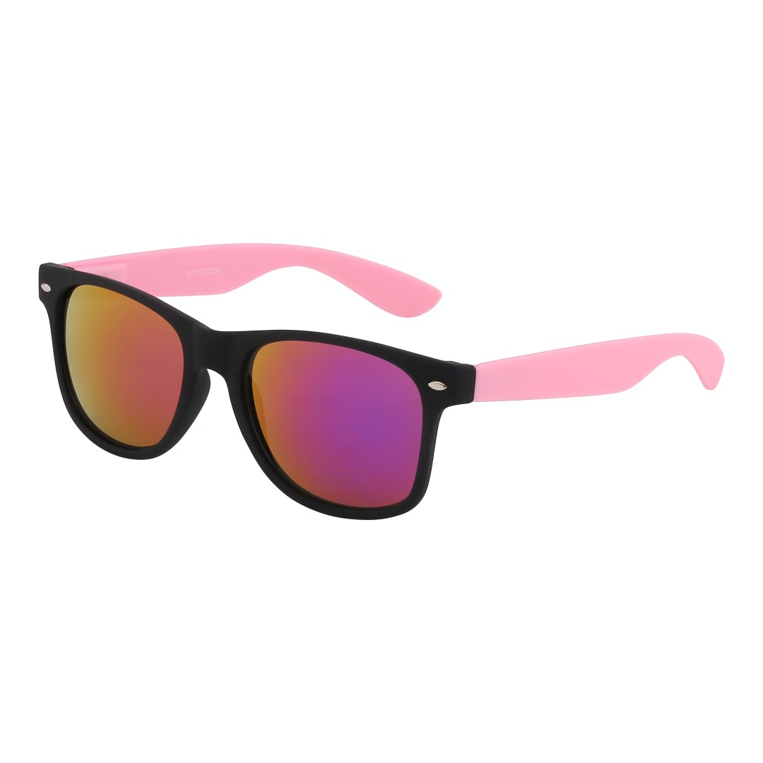 Wayfarer zonnebril met zacht roze poten en multi-gekleurde glazen. - Design nr. 3094